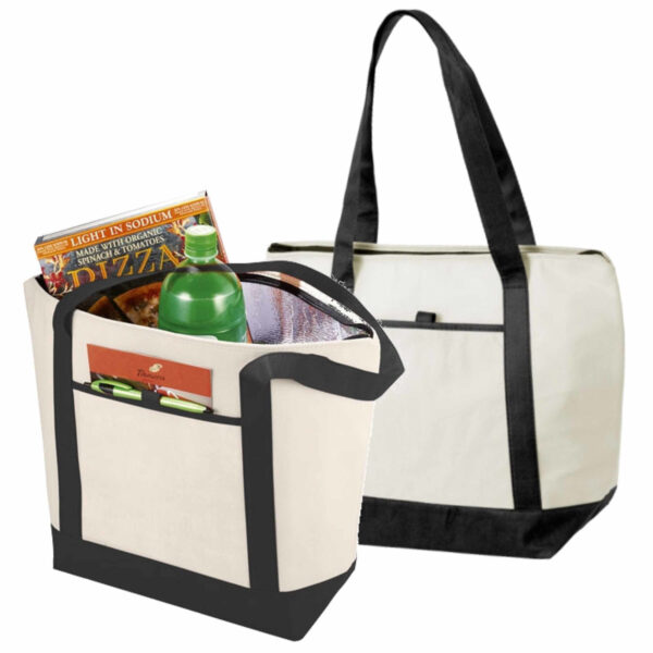 2x stuks strandtassen met koelvak creme/zwart 21 liter