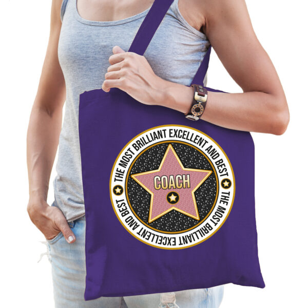 Bellatio Decorations Cadeau tas voor coach - paars - katoen - 42 x 38 cm - bedankje - verjaardag