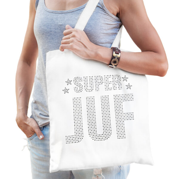 Glitter Super Juf katoenen tas wit rhinestones steentjes voor dames