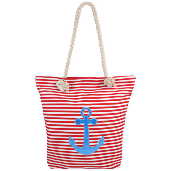 Strandtas strepen rood/wit met anker 34 x 37 cm