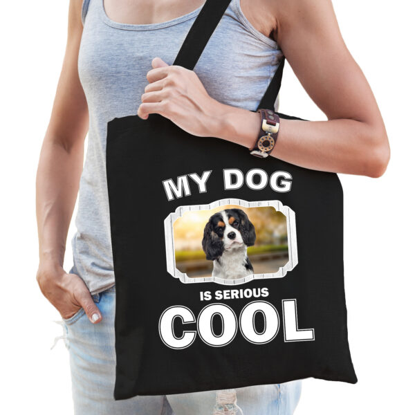 Katoenen tasje my dog is serious cool zwart - Spaniel honden cadeau tas