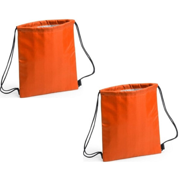 Koeltas rugzak in het oranje - Set van 2x stuks - 27 x 33 cm - koeltassen met koordje - lunch rugtas