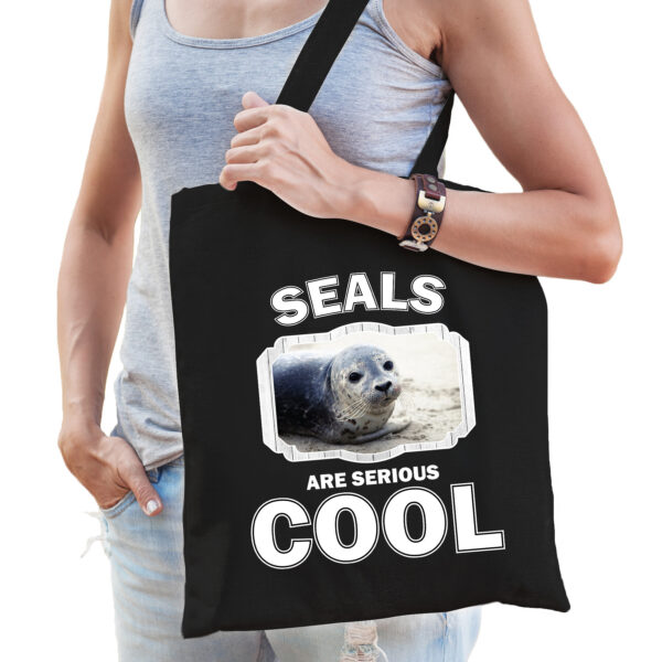Katoenen tasje seals are serious cool zwart - zeehonden/ grijze zeehond cadeau tas