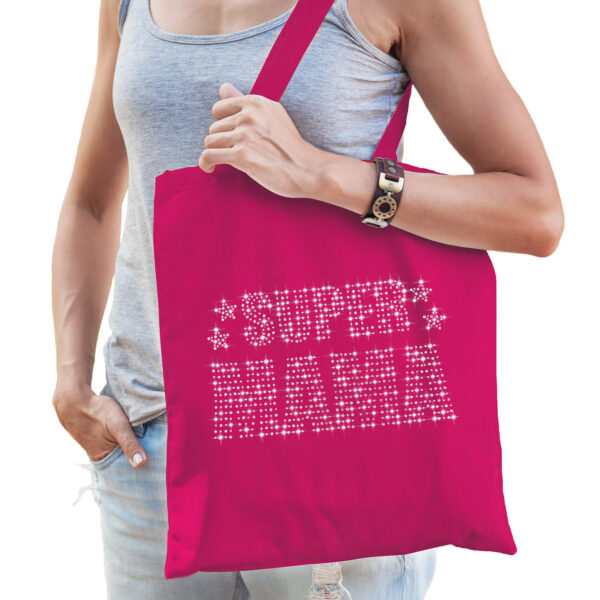 Glitter Super Mama katoenen tas roze rhinestones steentjes voor dames - Moederdag