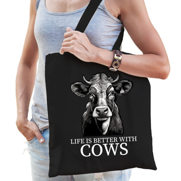 Cadeau tas voor boerderijdierenliefhebber - koeien - zwart - katoen - 42 x 38 cm