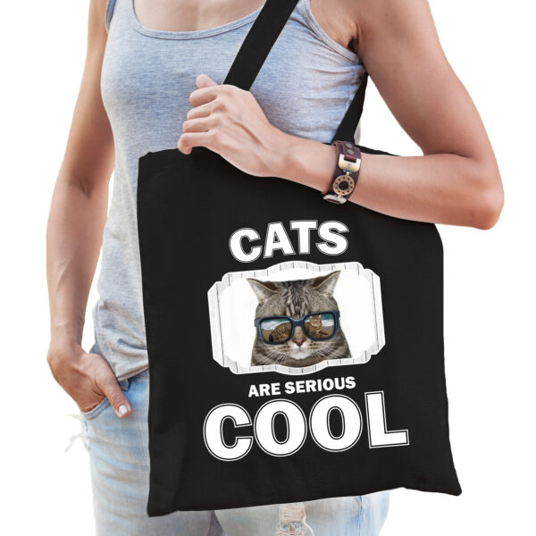 Katoenen tasje cats are serious cool zwart - katten/ coole poes cadeau tas