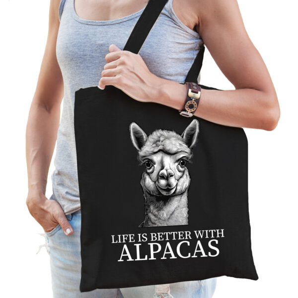 Cadeau tas voor boerderijdierenliefhebber - alpacas - zwart - katoen - 42 x 38 cm