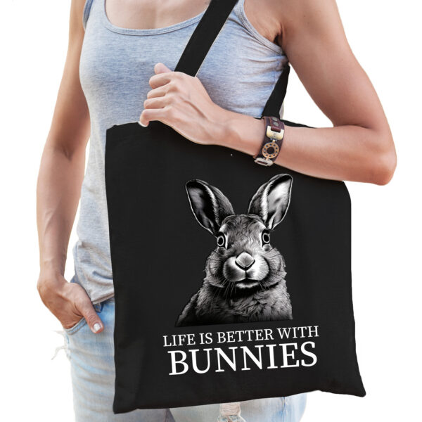 Cadeau tas voor boerderijdierenliefhebber - konijnen - zwart - katoen - 42 x 38 cm