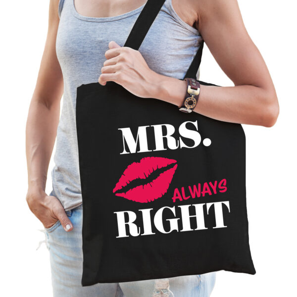 Mrs always Right katoenen tasje met lippen dames