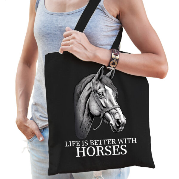 Cadeau tas voor boerderijdierenliefhebber - paarden - zwart - katoen - 42 x 38 cm