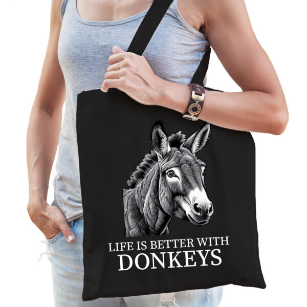 Cadeau tas voor boerderijdierenliefhebber - ezels - zwart - katoen - 42 x 38 cm