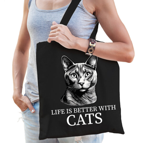 Cadeau tas voor kattenliefhebbers - zwart - Blauwe Rus kat/poes - katoen - 42 x 38 cm