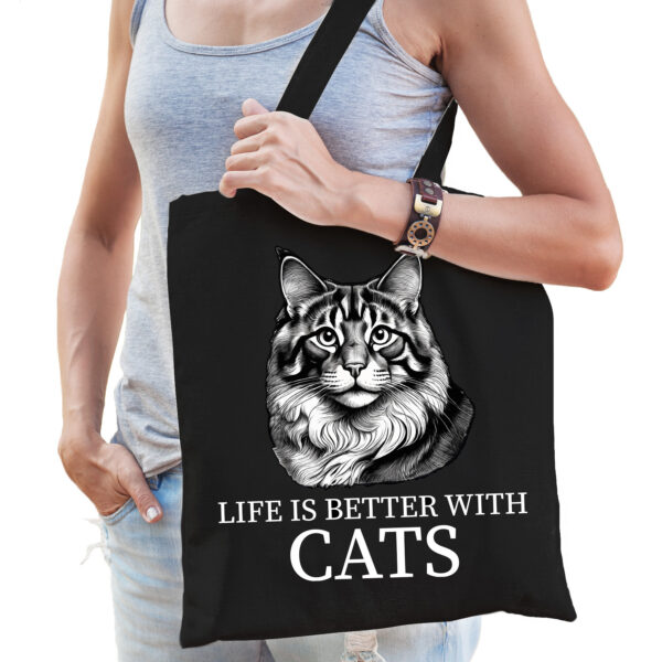 Cadeau tas voor kattenliefhebbers - zwart - Noorse Boskat kat/poes - katoen - 42 x 38 cm