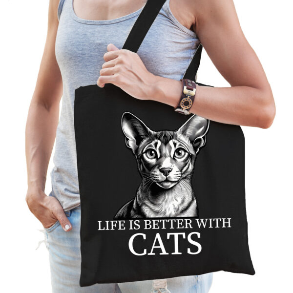 Cadeau tas voor kattenliefhebbers - zwart - Oosterse Korthaar kat/poes - katoen - 42 x 38 cm