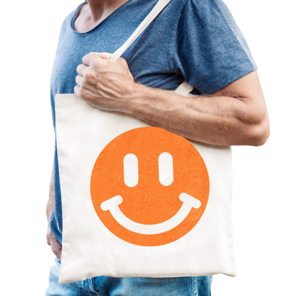 Cadeau tas voor heren - glitter Smile Emoticon - wit - katoen - 42 x 38 cm - Vaderdag - verjaardag