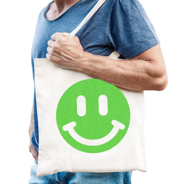 Cadeau tas voor heren - glitter Smile Emoticon - wit - katoen - 42 x 38 cm - Vaderdag - verjaardag