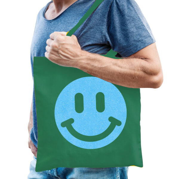 Cadeau tas voor heren - glitter Smile Emoticon - groen - katoen - 42 x 38 cm - Vaderdag - verjaardag