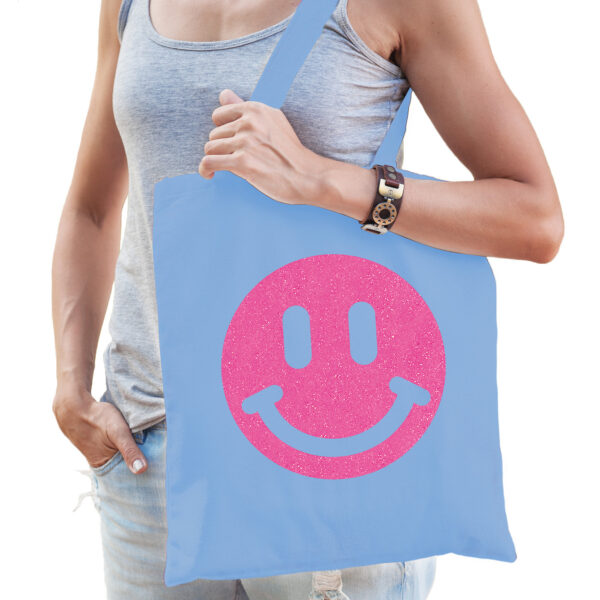 Cadeau tas voor dames - glitter Smile Emoticon - blauw - katoen - 42 x 38 cm - Moederdag - verjaarda