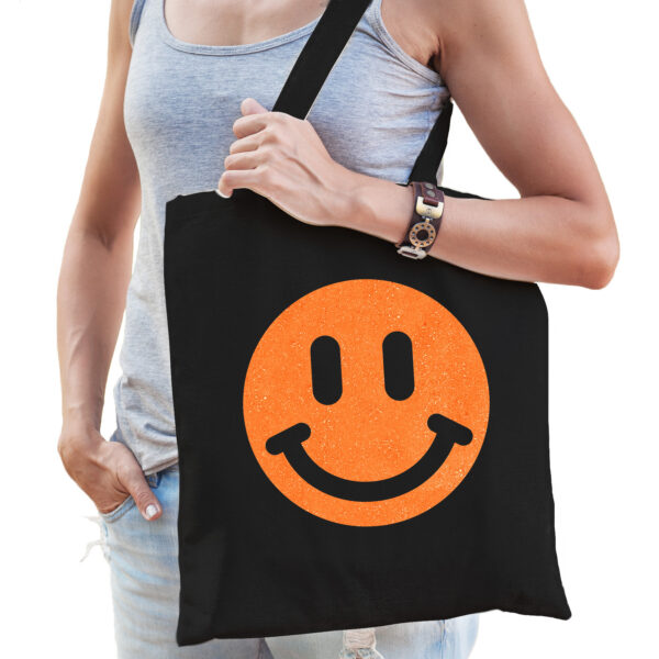 Cadeau tas voor dames - glitter Smile Emoticon - zwart - katoen - 42 x 38 cm - Moederdag - verjaarda