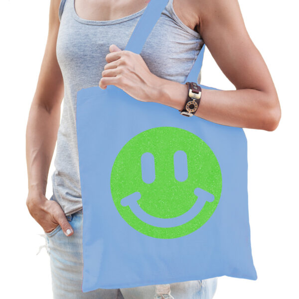 Cadeau tas voor dames - glitter Smile Emoticon - blauw - katoen - 42 x 38 cm - Moederdag - verjaarda