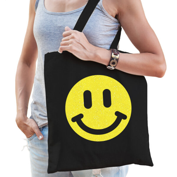 Bellatio Decorations Cadeau tas dames - Smile - zwart - katoen - 42 x 38 cm -Moederdag - verjaardag