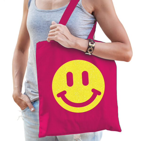 Cadeau tas voor dames - glitter Smile Emoticon - fuchsia - katoen - 42 x 38 cm - Moederdag - verjaar