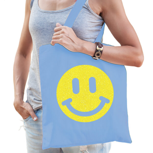 Cadeau tas voor dames - glitter Smile Emoticon - blauw - katoen - 42 x 38 cm - Moederdag - verjaarda