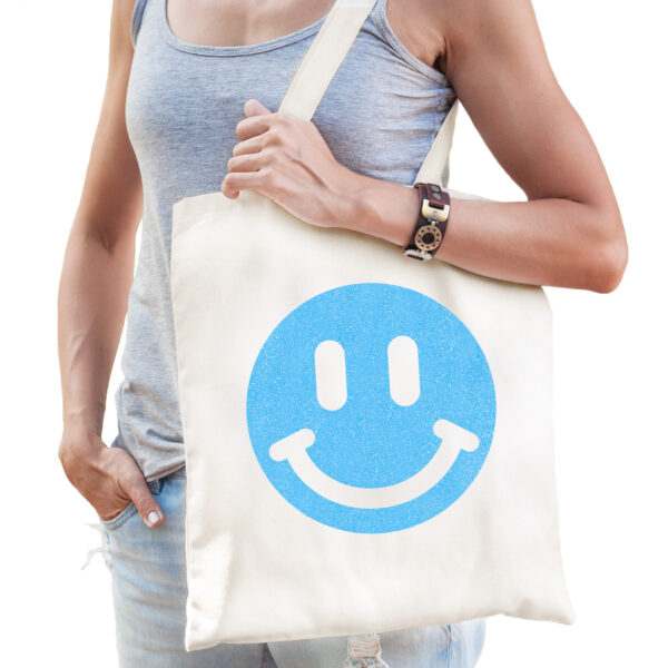 Cadeau tas voor dames - glitter Smile Emoticon - wit - katoen - 42 x 38 cm - Moederdag - verjaardag