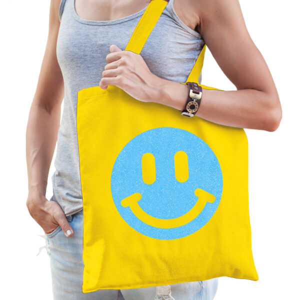 Bellatio Decorations Cadeau tas dames - Smile - geel - katoen - 42 x 38 cm -Moederdag - verjaardag