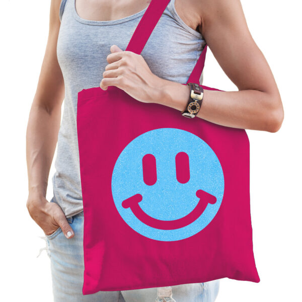 Cadeau tas voor dames - glitter Smile Emoticon - fuchsia - katoen - 42 x 38 cm - Moederdag - verjaar