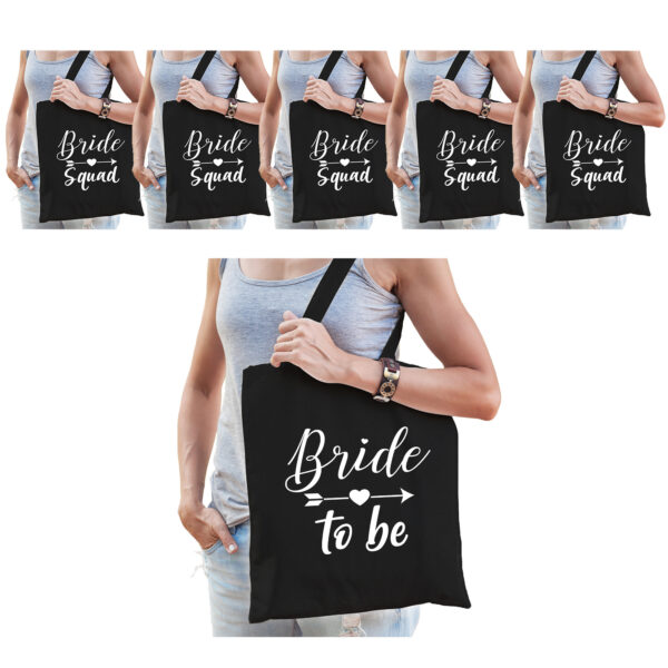 Tasjes vrijgezellenfeest vrouw - 1x Bride to Be zwart + 7x Bride Squad zwart