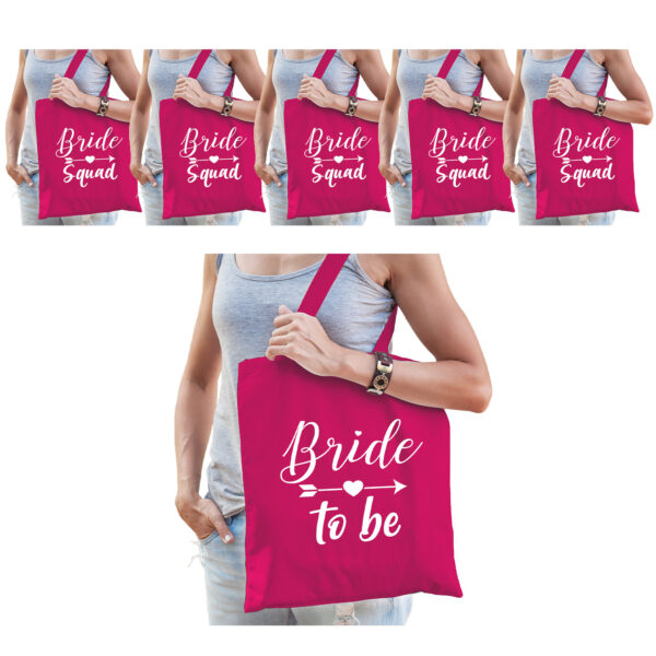 Tasjes vrijgezellenfeest vrouw - 1x Bride to Be roze + 7x Bride Squad roze