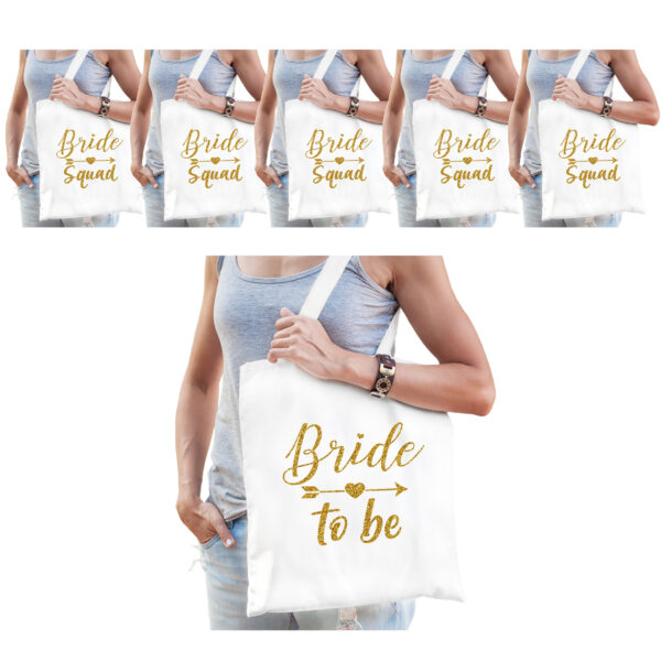 Tasjes vrijgezellenfeest vrouw - 1x Bride to Be wit + 7x Bride Squad wit