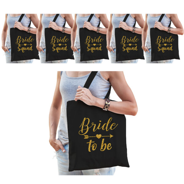 Tasjes vrijgezellenfeest vrouw - 1x Bride to Be zwart goud + 9x Bride Squad zwart goud