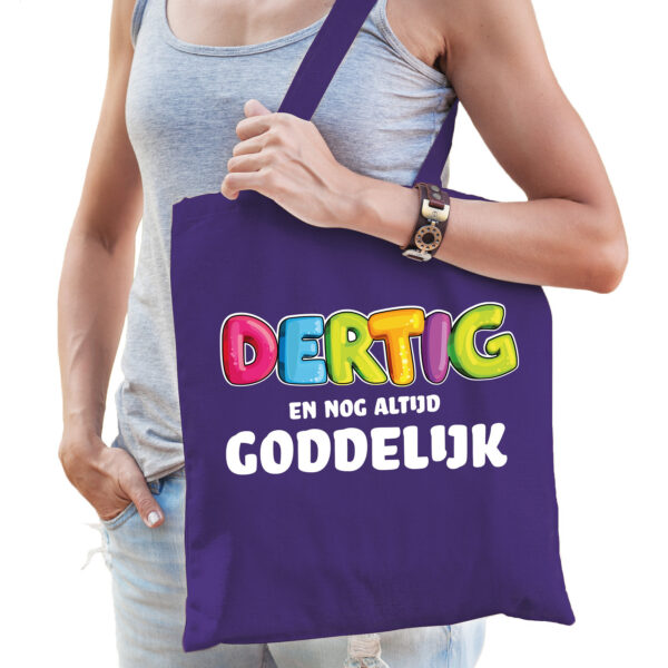 Cadeau tas 30 jaar - dertig en goddelijk - dames - paars - katoen - 42 x 38 cm