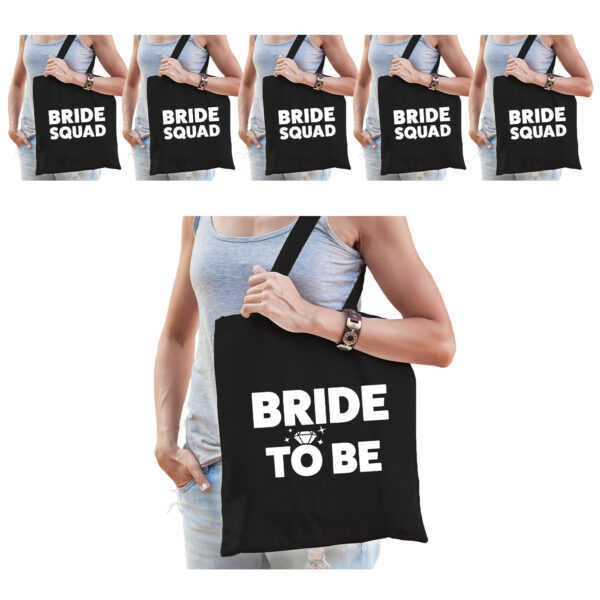 Vrijgezellenfeest vrouw katoenen tasjes pakket - 1x Bride to Be zwart + 7x Bride Squad zwart