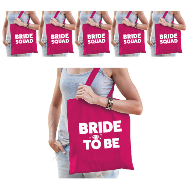 Vrijgezellenfeest vrouw katoenen tasjes pakket - 1x Bride to Be roze + 7x Bride Squad roze