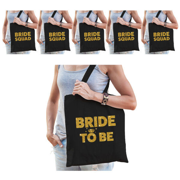 Vrijgezellenfeest vrouw katoenen tasjes pakket - 1x Bride to Be zwart goud + 9x Bride Squad zwart goud