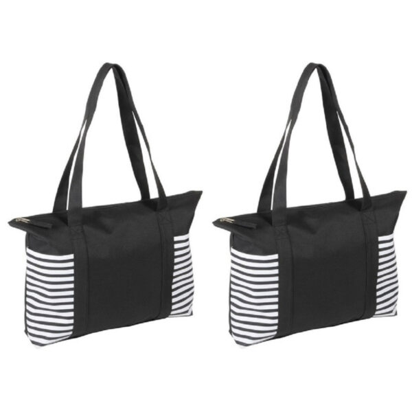 2x stuks zwart/witte polyester strandtas met streepmotief en rits 44 cm