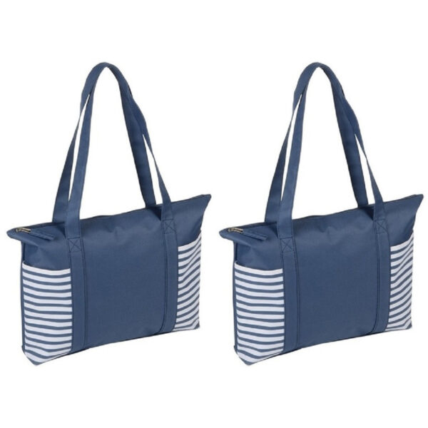 Strandtas met streepmotief - 2x stuks - blauw/wit - 44 x 31 cm - Strandartikelen beach bags