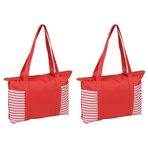 Strandtas met streepmotief - 2x stuks - rood/wit - 44 x 31 cm - Strandartikelen beach bags