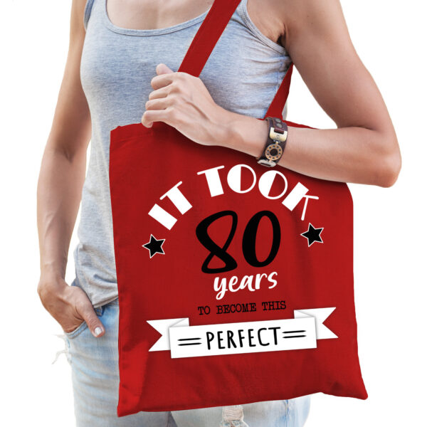Cadeau tas voor dames - 80 en perfect - rood - katoen - 42 x 38 cm - tachtig - shopper