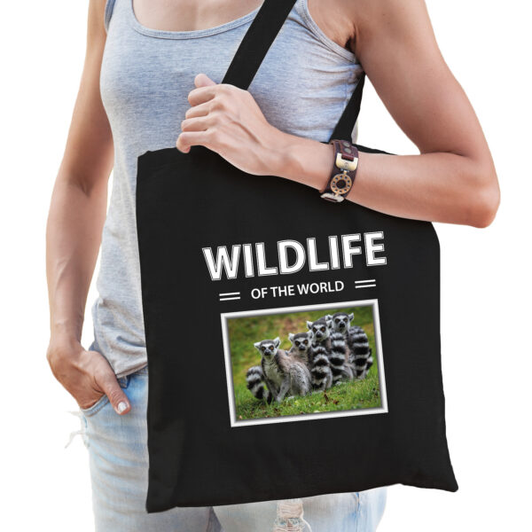 Katoenen tasje Apen zwart - wildlife of the world Ringstaart maki cadeau tas
