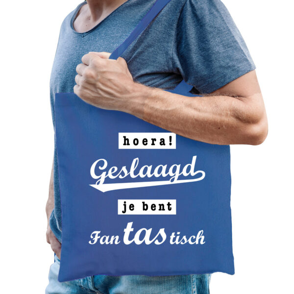 Cadeau tas geslaagd/afgestudeerd - blauw - katoen - 42 x 38 cm