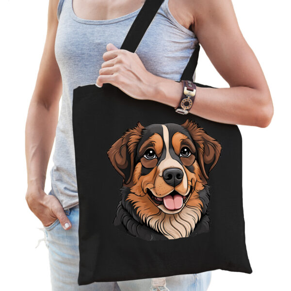 Cadeau tas voor hondenliefhebbers - zwart - Berner Sennen hond - cartoon - katoen - 42 x 38 cm