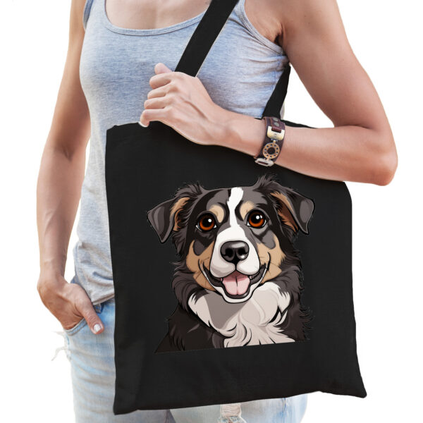 Cadeau tas voor hondenliefhebbers - zwart - Border Collie hond - cartoon - katoen - 42 x 38 cm