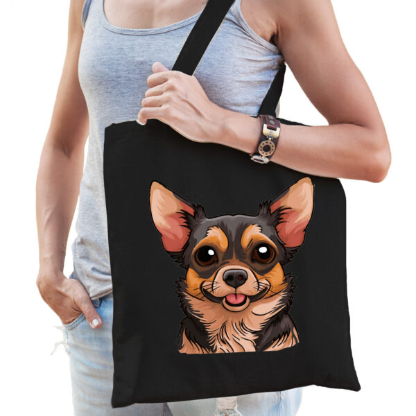 Cadeau tas voor hondenliefhebbers - zwart - Chihuha - cartoon - katoen - 42 x 38 cm