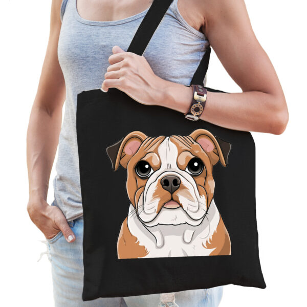 Cadeau tas voor hondenliefhebbers - zwart - Engelse Bulldog - cartoon - katoen - 42 x 38 cm