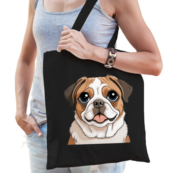 Cadeau tas voor hondenliefhebbers - zwart - Mopshondje - cartoon - katoen - 42 x 38 cm