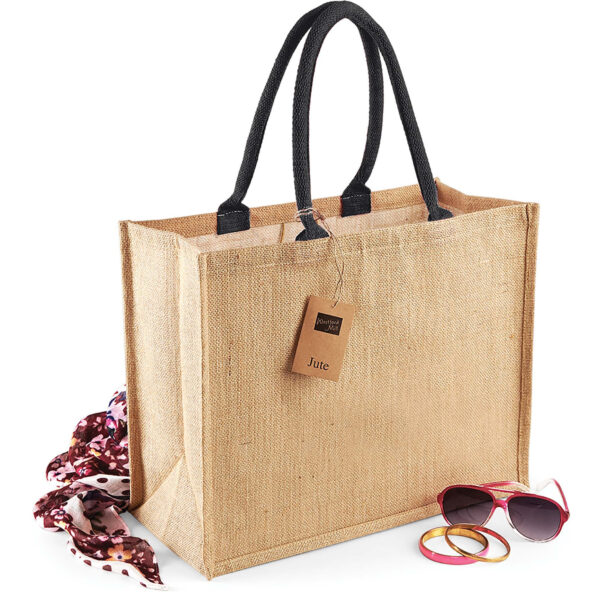 Jute strandtas met zwarte handvatten - 2x - 42 x 33 x 19 cm